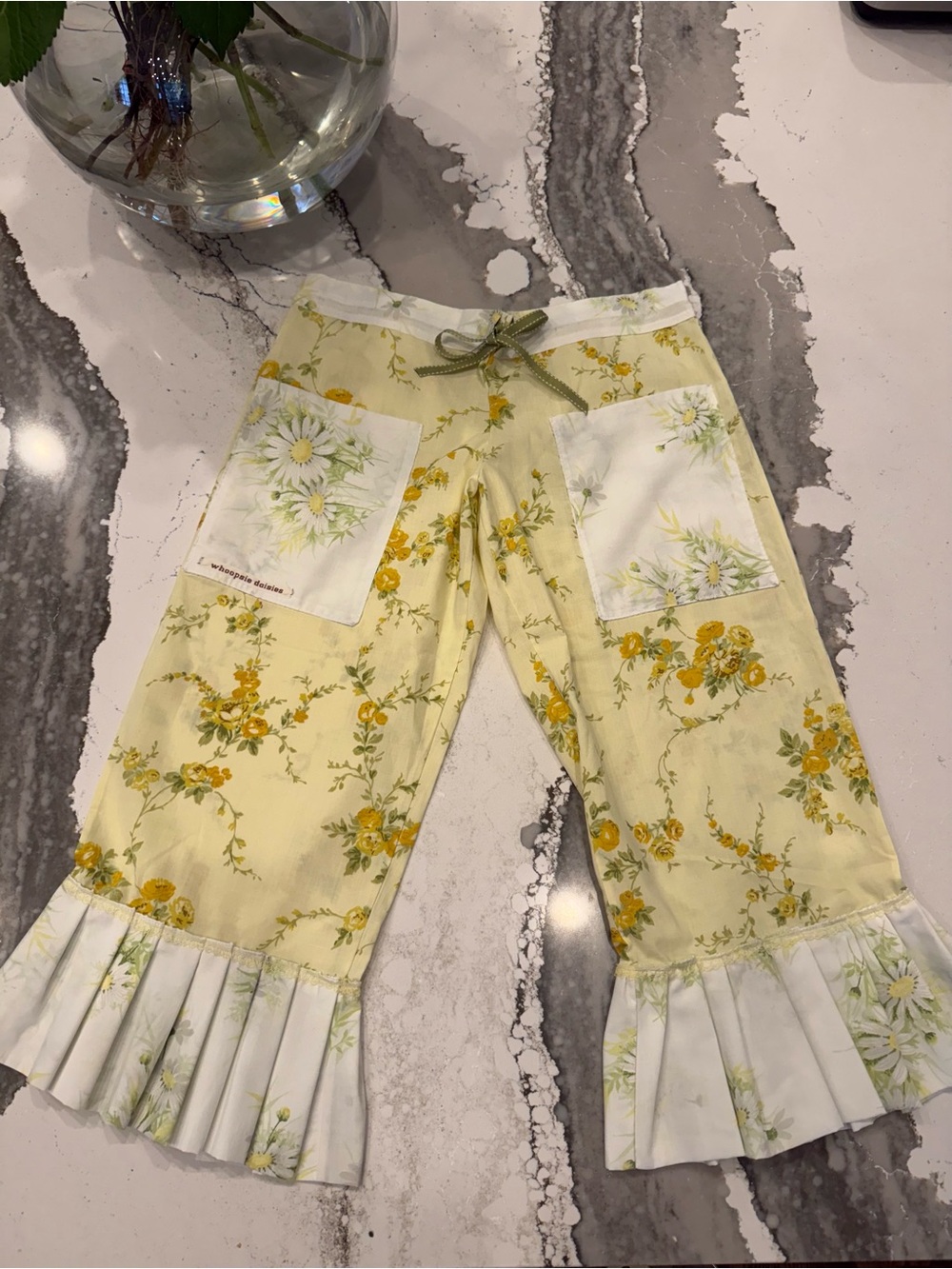 Whoopsie Daisies Women’s Vintage Reworked Floral Yellow Green Fabric Pants